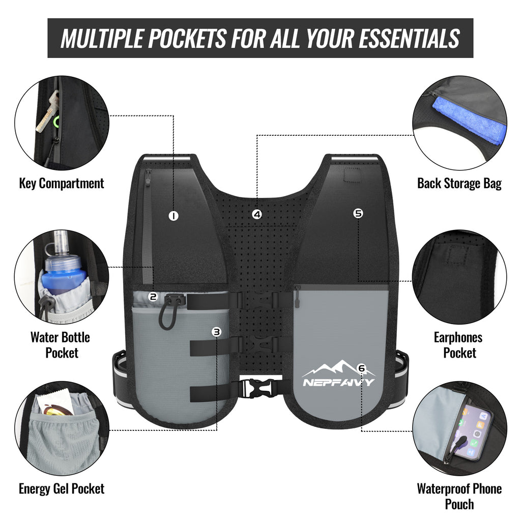 Nepfaivy Running Vest Women And Men  Reflective Running Vest With 6 Pockets  Waterproof Phone Holder  Adjustable Waist & Chest Band  Lightweight Hydration Running Vest For Outdoor Running Cycling